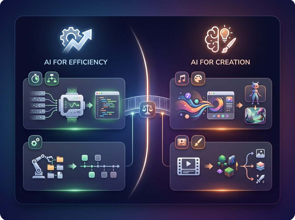 Illustration for: The Great Divide: AI for Efficiency vs. AI for Creation